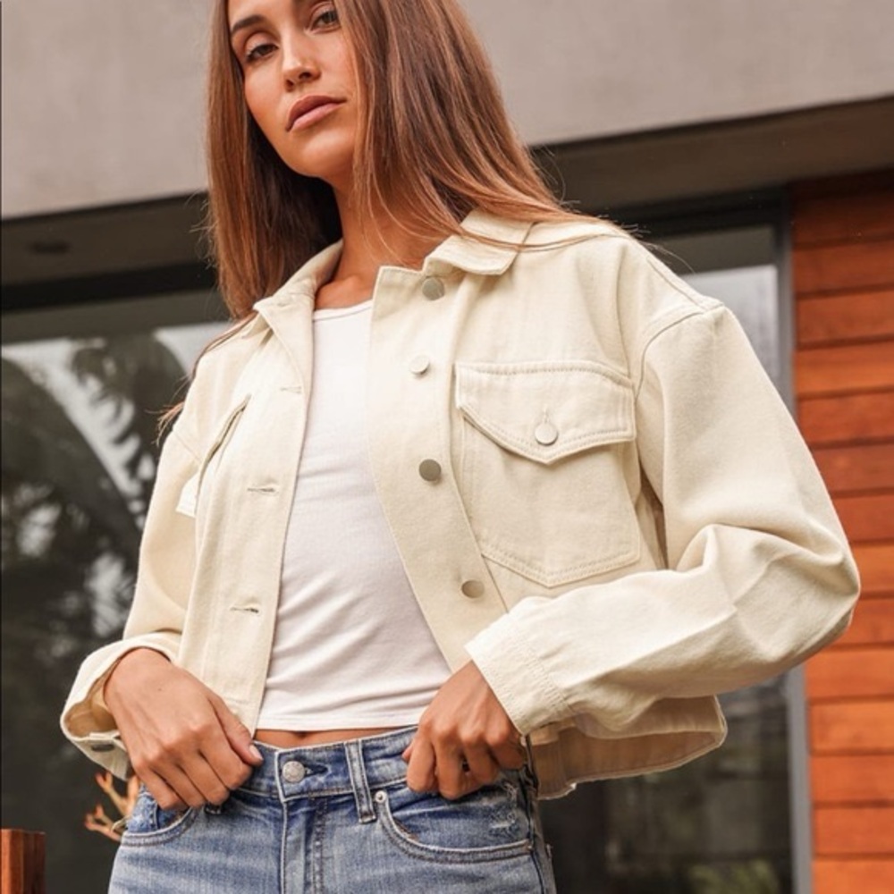Lulus Cropped Cream Denim Jacket, Small